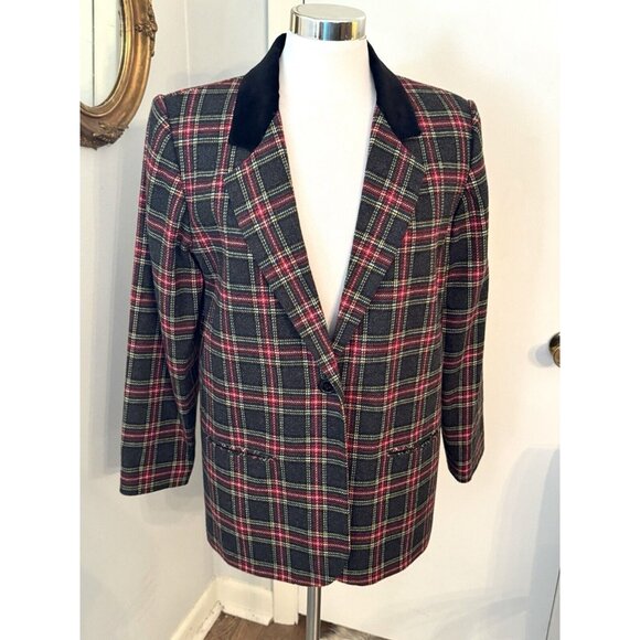 90s Plaid Blazer Jacket L 12 Wool Academia Preppy Velvet Tartan Old Money - Picture 2 of 12